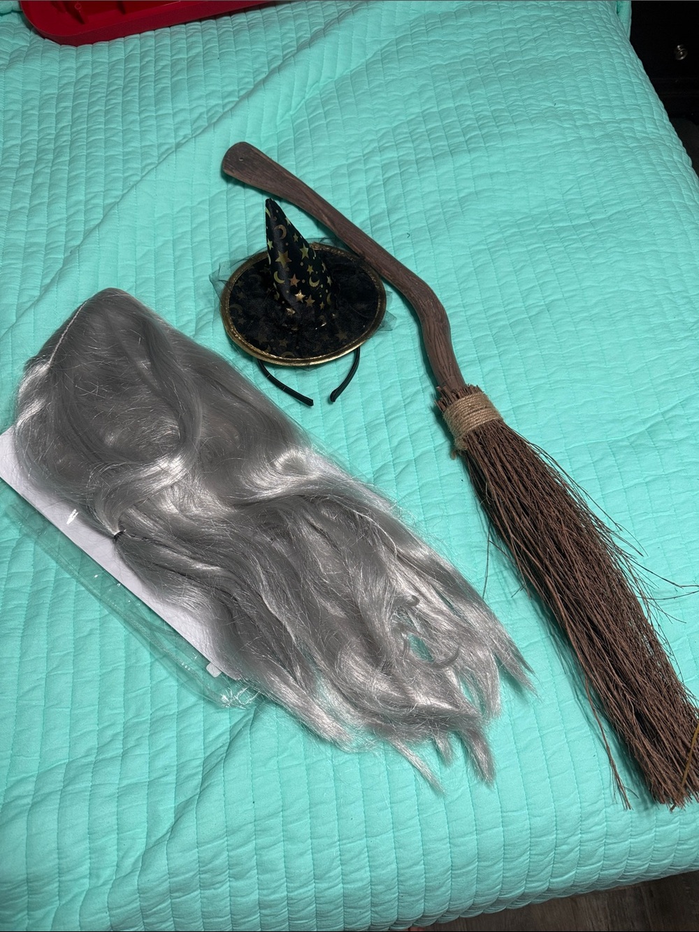 Witch costume accessories gray Synthetic Long Wig, hat, and broom